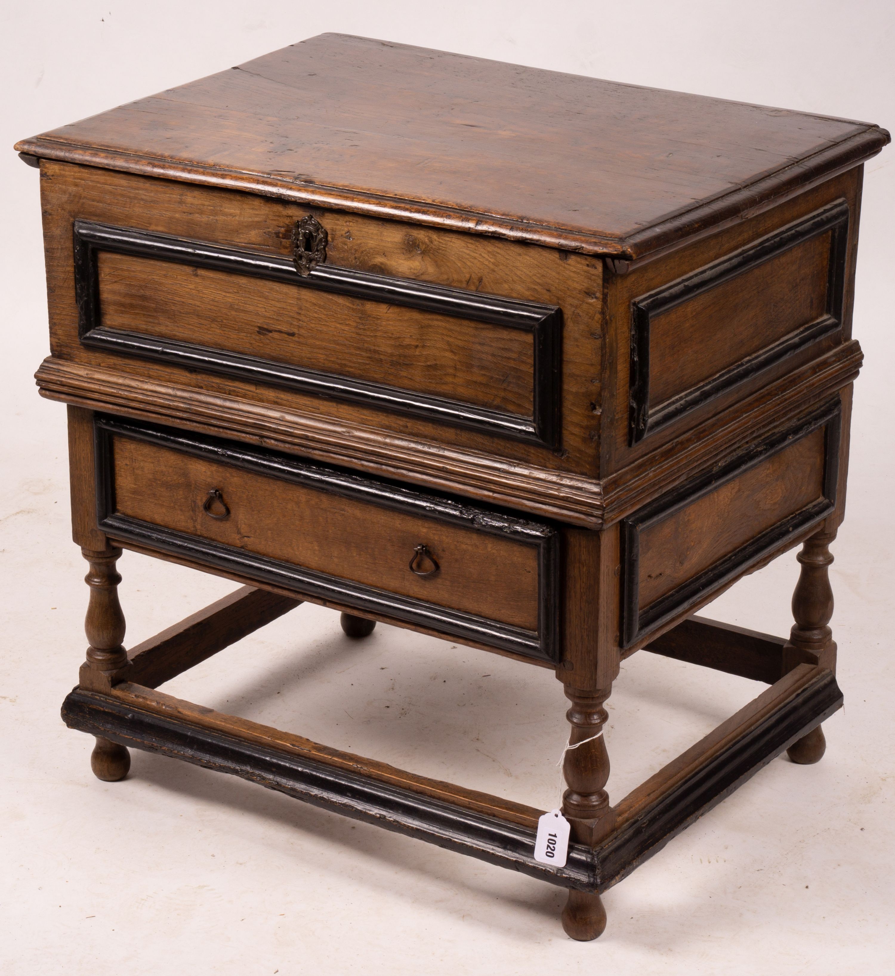 A late 17th century bible box on stand, width 73cm, depth 53cm, height 74cm